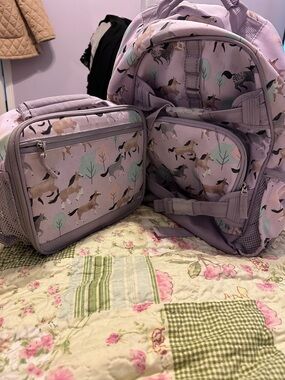Pottery Barn Kids Lavender Horse Print Backpack - with lunch bag
